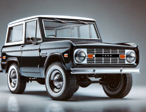 Black 1966 Ford Bronco with a white roof parked in a studio setting, highlighting its classic design and vintage appeal.