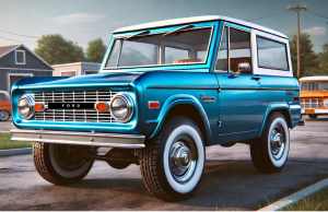 Blue 1966 Ford Bronco parked in a retro neighborhood setting with vintage design elements and whitewall tires.