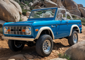 Blue 1966 Ford Bronco Roadster parked on rugged rocky terrain under a sunny sky, showcasing its vintage design and off-road capabilities.