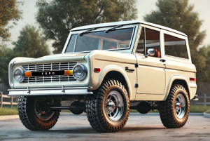 Cream-colored 1966 Ford Bronco parked in a serene outdoor setting, showcasing its vintage design and rugged tires.