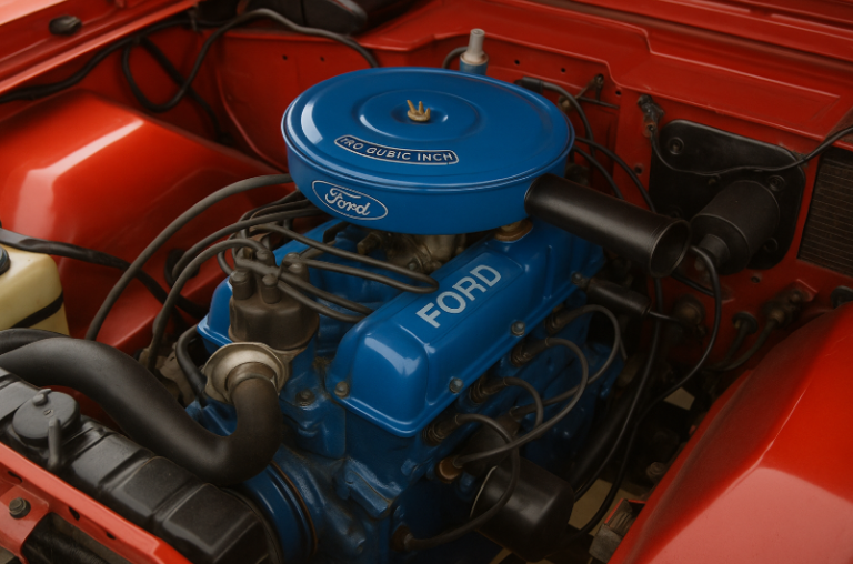 Close-up of a blue 170-cubic-inch inline-six Ford engine inside a red 1966 Bronco, showing clean wiring and original vintage detailing.