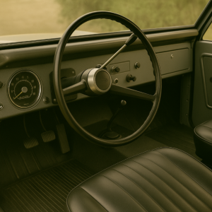 Interior view of a 1966 Ford Bronco dashboard with factory steel panel painted poly gray, 3-speed manual column shifter, simple gauge cluster, and flat rubber floor mat in a minimalist vintage design