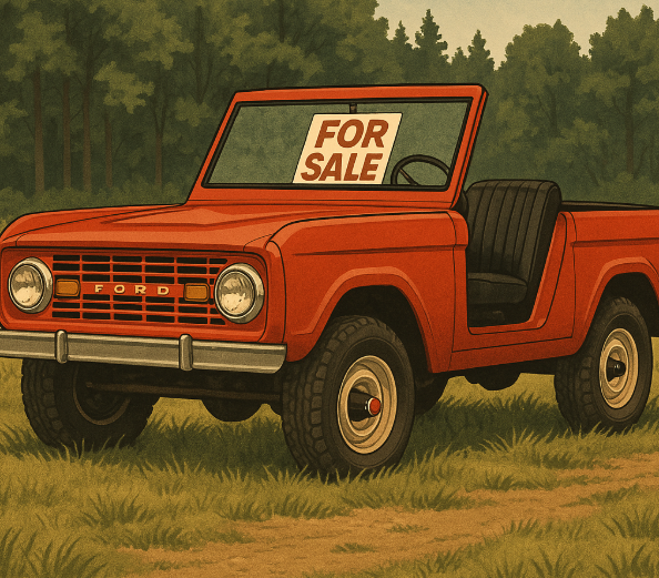 Red 1966 Ford Bronco Roadster with a 'For Sale' sign, parked on a grassy field near a forest.
