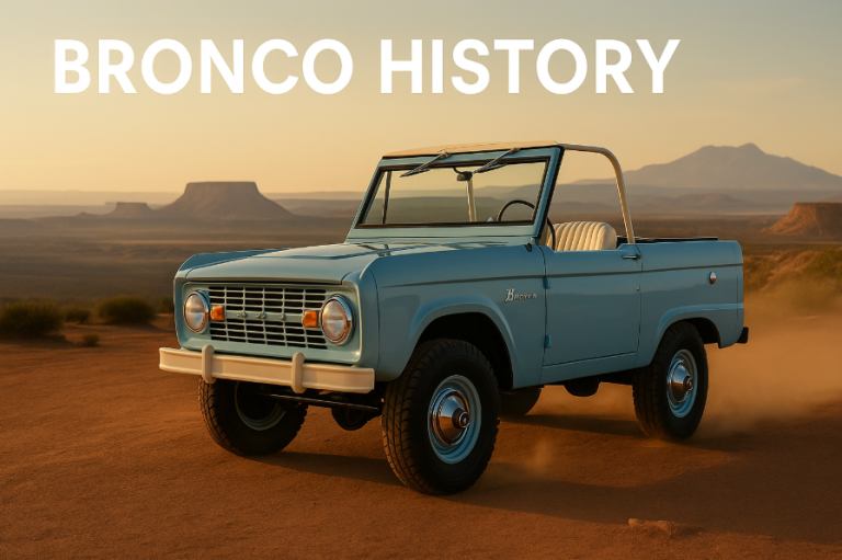 Baby blue 1966 Ford Bronco parked on a desert ridge at sunset with open-air design and scenic mountain backdrop
