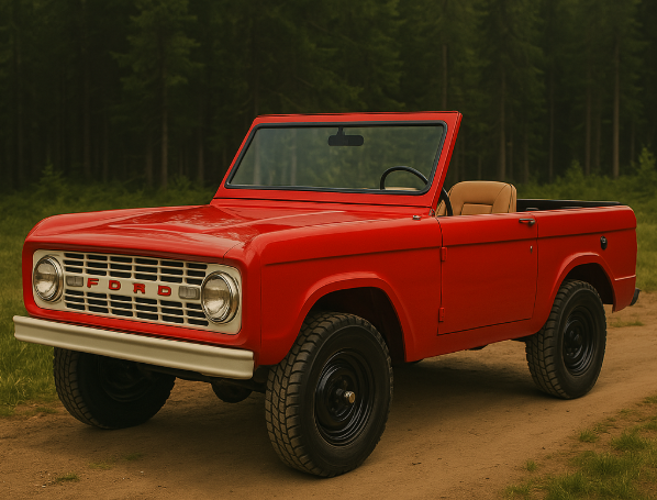 Red 1966 Ford Bronco Roadster, a classic 2-door model, on a dirt road with a forest background.
