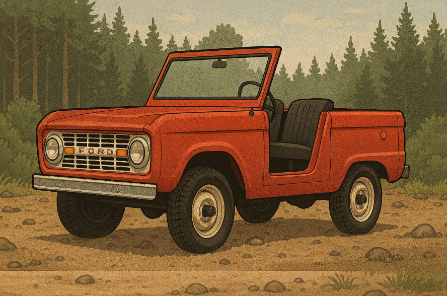 Red 1966 Ford Bronco Roadster, a 2-door vintage model, on a dirt trail in a forest.