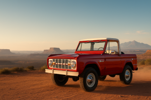 1966 red Ford Bronco U14 half cab parked in the desert at sunset with mesas and mountains in the background.