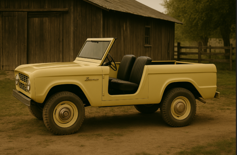 Side view of a restored 1966 Ford Bronco U13 Roadster in Springtime Yellow with no doors and white steel wheels, parked near a weathered rural barn with soft natural lighting
