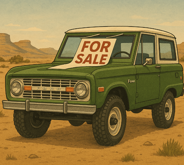 Green 1970 Ford Bronco, a 2-door full-size model, with a 'For Sale' banner on a desert road.