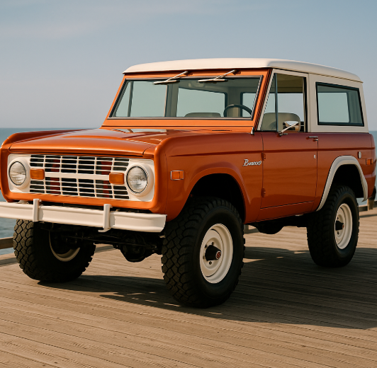 1970 Ford Bronco in burnt orange with white top and grille, parked on dock, fully restored 302 V8 SUV.