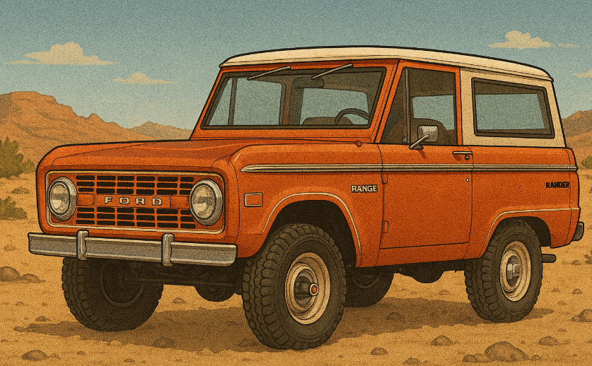 Orange 1974 Ford Bronco Ranger, a full-size 2-door model, parked in a desert landscape.