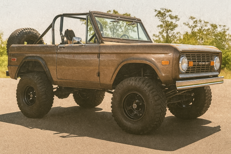 1971 Ford Bronco in metallic brown with spare tire mounted on back, soft-top removed, lifted on off-road tires.