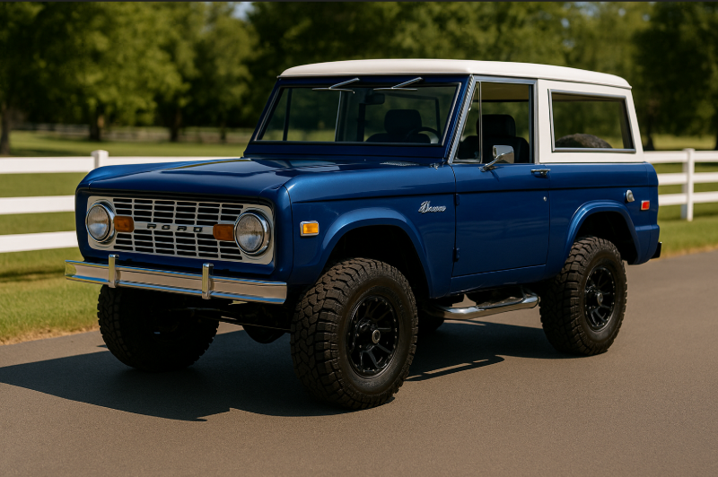 1975 Ford Bronco in blue with white top and black off-road wheels, parked near ranch fence in Arlington, TX.