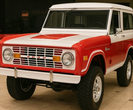 1975 Ford Bronco in red and white with 302 V8 and Holley 4BBL carb, lifted and restored, shown in showroom in South Venice, FL.