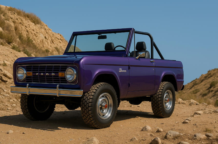 Purple 1977 Ford Bronco with hard top off, a 2-door convertible, on a rocky hillside