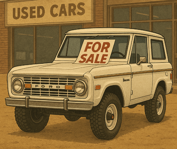 White 1977 Ford Bronco Ranger, a restored 2-door model, for sale outside a vintage dealership.