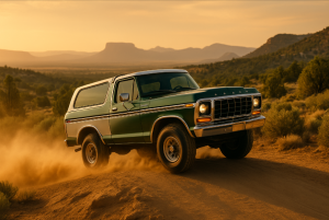 1979 green and white Ford Bronco Gen 2 driving up a dusty desert hill at sunset with mountains in the background.