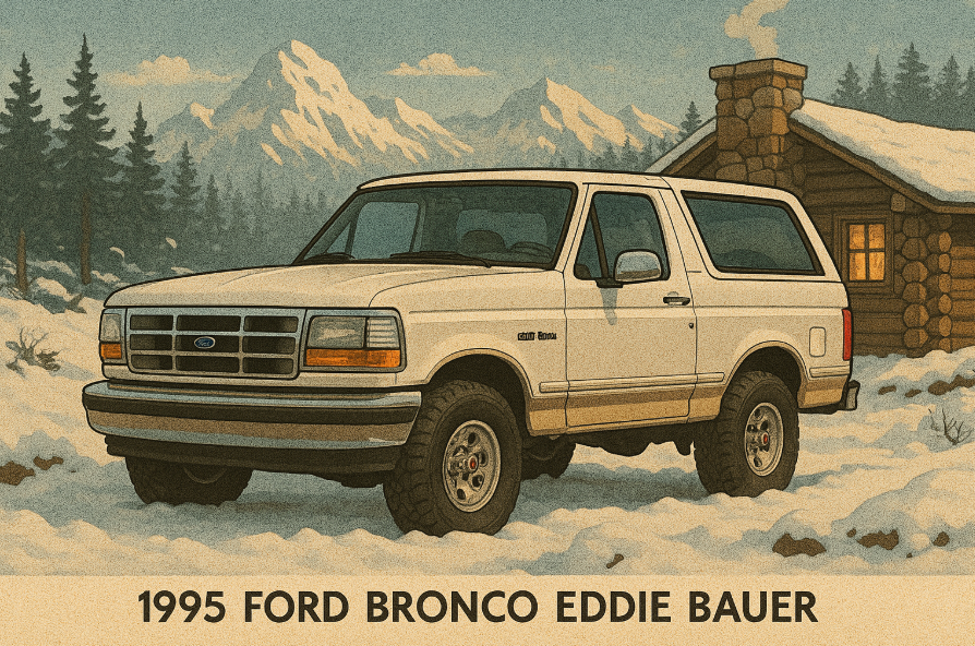 White 1995 Ford Bronco Eddie Bauer, a 2-door luxury SUV, outside a cabin in a snowy mountain scene.