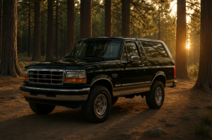 1996 black and tan Ford Bronco Eddie Bauer parked in a pine forest at sunset, golden light streaming through the trees.