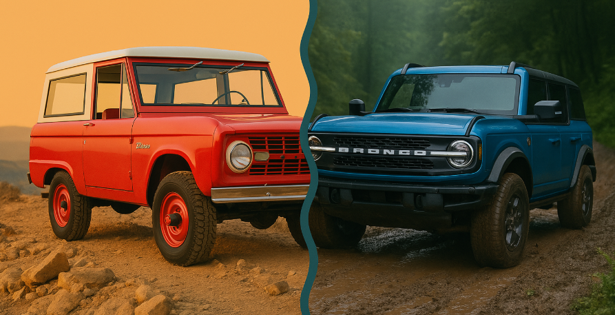2-door vs. 4-door Ford Broncos: red 1966 Bronco on a rocky trail and blue 2023 Bronco on a muddy path
