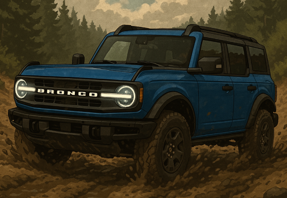 Blue 2023 Ford Bronco 4-door driving on a muddy off-road trail with modern styling.