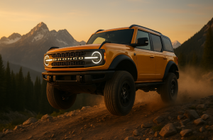 2024 Cyber Orange Ford Bronco Raptor Gen 6 airborne on a mountain trail at sunset, with LED lights and rugged terrain.