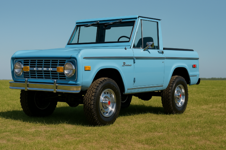 Baby Blue 1977 Ford Bronco Ranger, freshly restored, on a grassy field with a glossy finish.