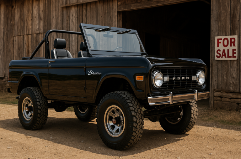 Black 1970 Ford Bronco, fully restored and lifted, with soft top off, outside a barn for sale
