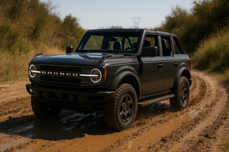 Black 2023 Ford Bronco 4-door convertible driving on a muddy trail with top removed.