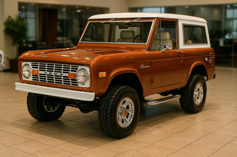 1974 Ford Bronco in burnt orange with white top, showroom floor, lifted with chrome wheels and vintage air.