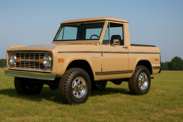 Tan 977 Ford Bronco Ranger, freshly restored, on a grassy field with a glossy finish.