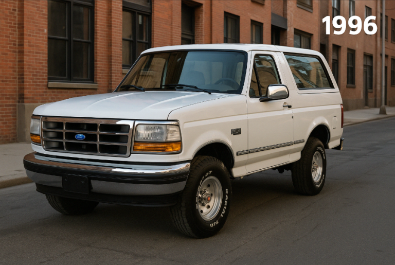 White 1996 Ford Bronco XLT, full-size 2-door, on a city street with 1990s urban vibe.