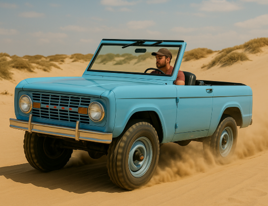Baby Blue 1966 Ford Bronco Roadster, 2-door convertible, off-roading in a sandy desert.