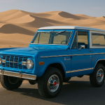 Blue 1974 Ford Bronco Ranger, a 2-door classic, on a desert road with a vibrant blue finish.