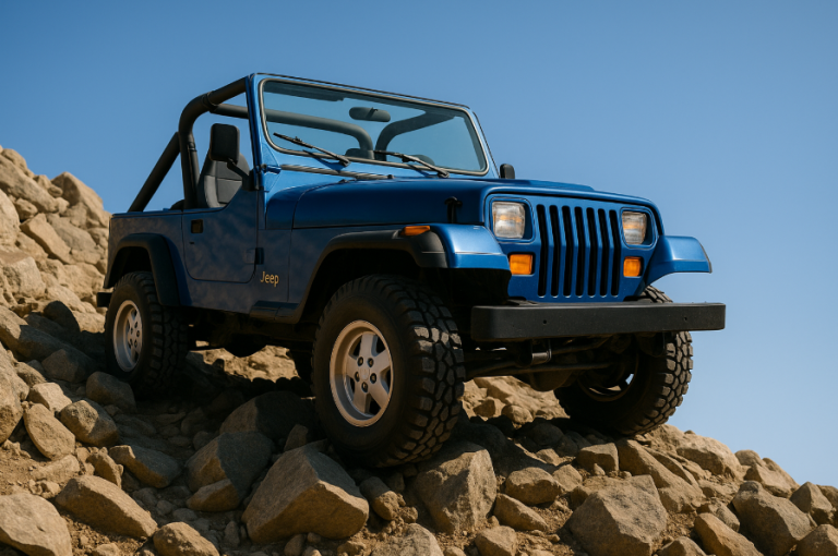 Blue Jeep Wrangler YJ, 1980s model with square headlights, climbing a rocky incline.