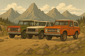 Classic Bronco models from 1966-1977, including a red 1966 Roadster, green 1970 Bronco, and orange 1977 Ranger on a mountain trail.
