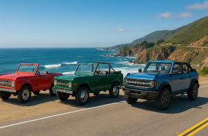 Ford Bronco convertible history: red 1966 Roadster, green 1970 soft-top, and blue 2023 4-door convertible on a coastal highway.
