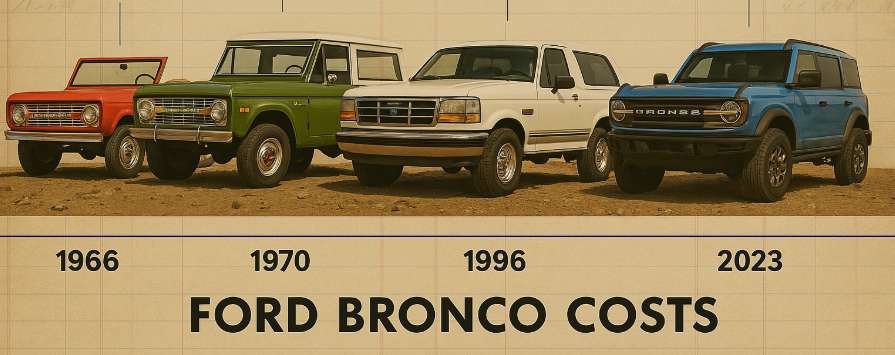 Ford Bronco cost timeline with a 1966 Roadster, 1970 Bronco, 1996 Eddie Bauer, and 2023 4-door