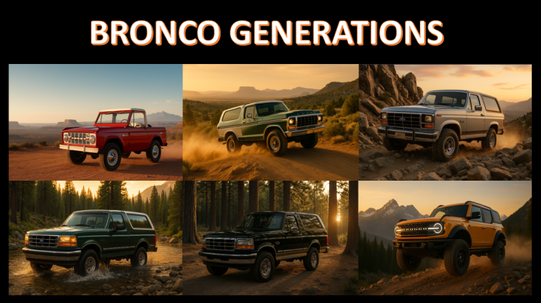 Bronco Generations header image featuring six Ford Broncos: a red 1966 Roadster, green 1979 Bronco, silver 1985 model, forest-green 1991, black 1996 Eddie Bauer, and a Cyber-Orange 2024 Raptor—all set against desert, forest, and mountain landscapes at sunset.