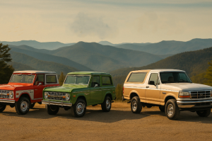 Best Ford Bronco models: red 1969 Baja, green 1977 Ranger, tan 1989 Eddie Bauer