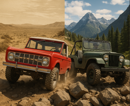Ford Bronco vs Jeep: red 1966 Bronco and green Jeep CJ-5 on a rocky trail with vintage and modern backdrops.