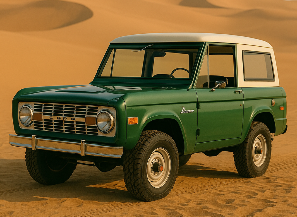 Green 1970 Ford Bronco 2-door, full-size model, parked in a desert with sand dunes.