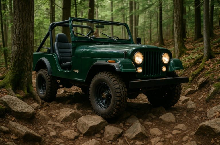 Green Jeep CJ-7, classic open-top, navigating a narrow forest trail in the 1970s.