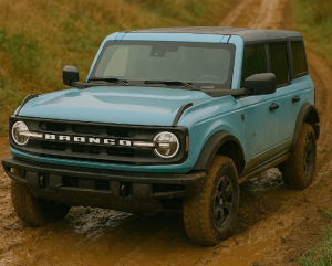 light Blue 2021 Ford Bronco 4-door driving on a muddy off-road trail with a modern design