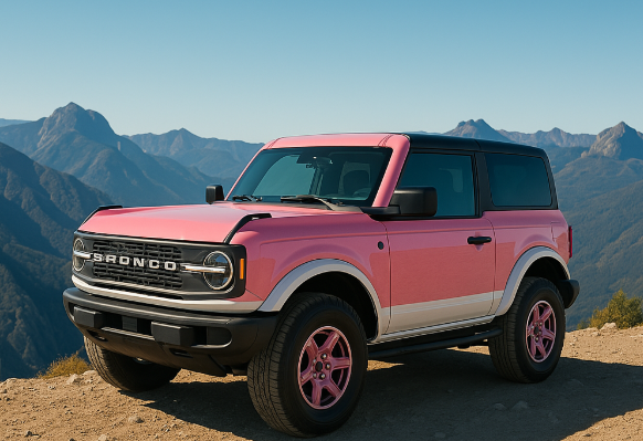 White pink 2023 Ford Bronco 2-door on a mountain overlook, blending retro and modern 2-door design.