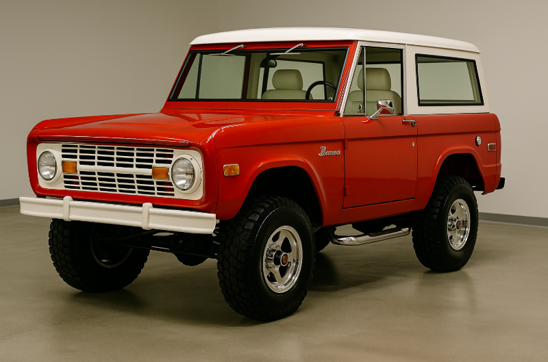 1966 Ford Bronco in red with white top, lifted on chrome wheels, restored frame-off with ivory leather interior.