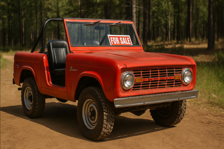 Red 1966 Ford Bronco Roadster, used 2-door convertible with patina, for sale on a dirt trail.