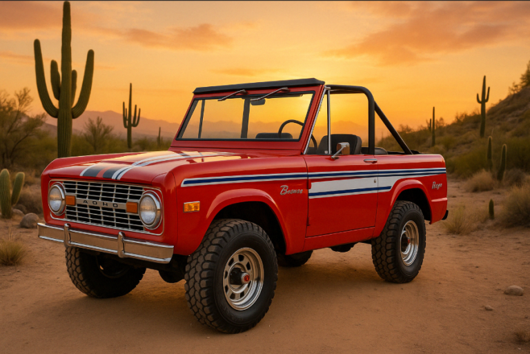 Red 1969 Ford Bronco Baja, 2-door with racing stripes, on a desert trail at sunset.