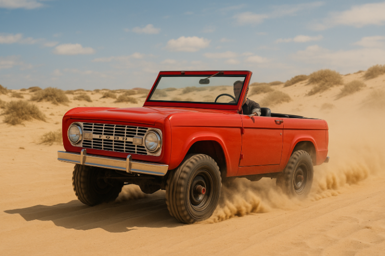 Red 1966 Ford Bronco Roadster, 2-door convertible, off-roading in a sandy desert.