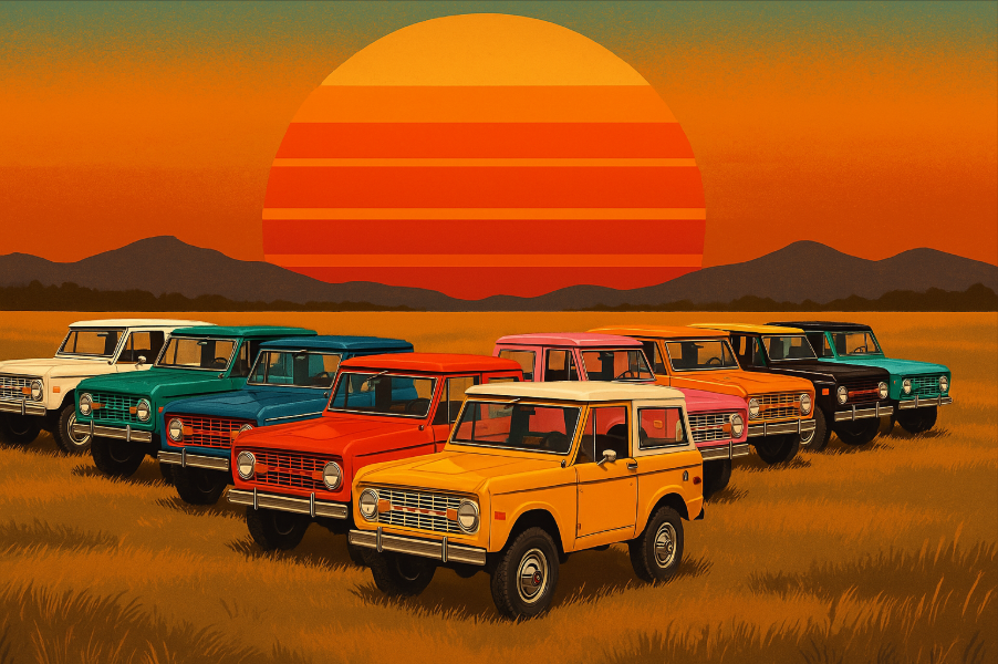 Vintage Ford Bronco colors lineup, featuring white, green, blue, red, pink, orange, yellow, black, brown, and teal Broncos in a field at sunset.